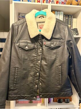 Levi's Black Faux Leather Jacket with Cream Sherpa Collar
